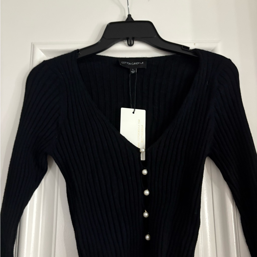 Cotton Candy Black V-Neck Sweater with Pearl Accents